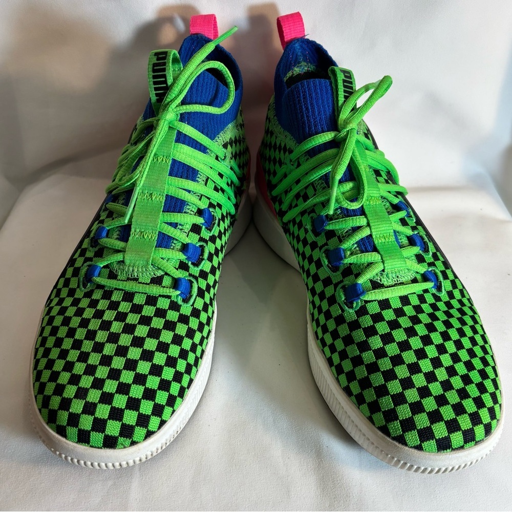 PUMA Sz 7 Clyde Green Blue Checkered High Top Sneakers Pull On Lace Up Unisex